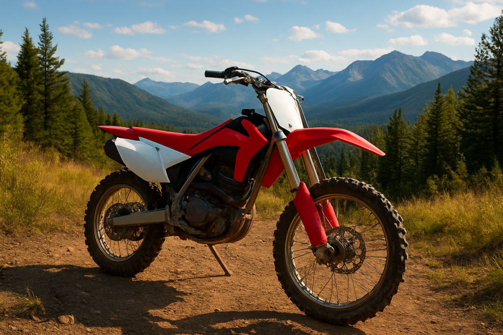 Red and white dirt bike parked on mountain trail with forest and peaks, Montana off-road riding regulations concept