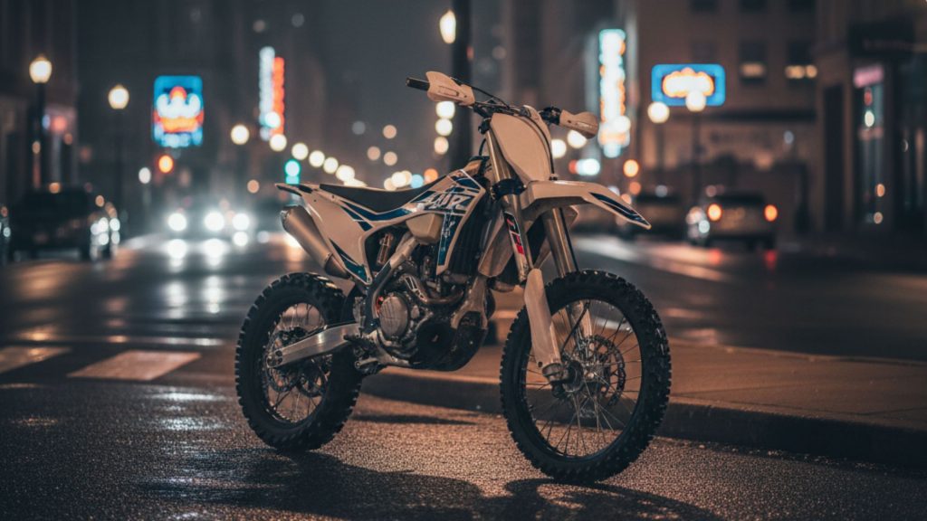 Dirt bike parked on wet city street at night with illuminated buildings and neon signs in urban background