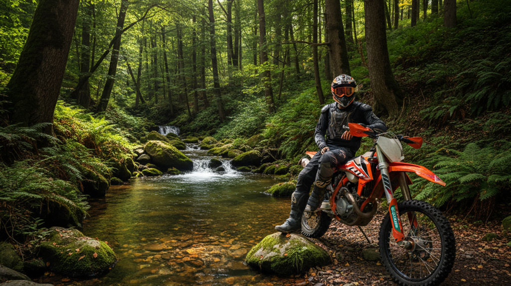 Dirt bike rider in protective gear posed on red KTM motorcycle in forest stream setting, demonstrating OHV safety