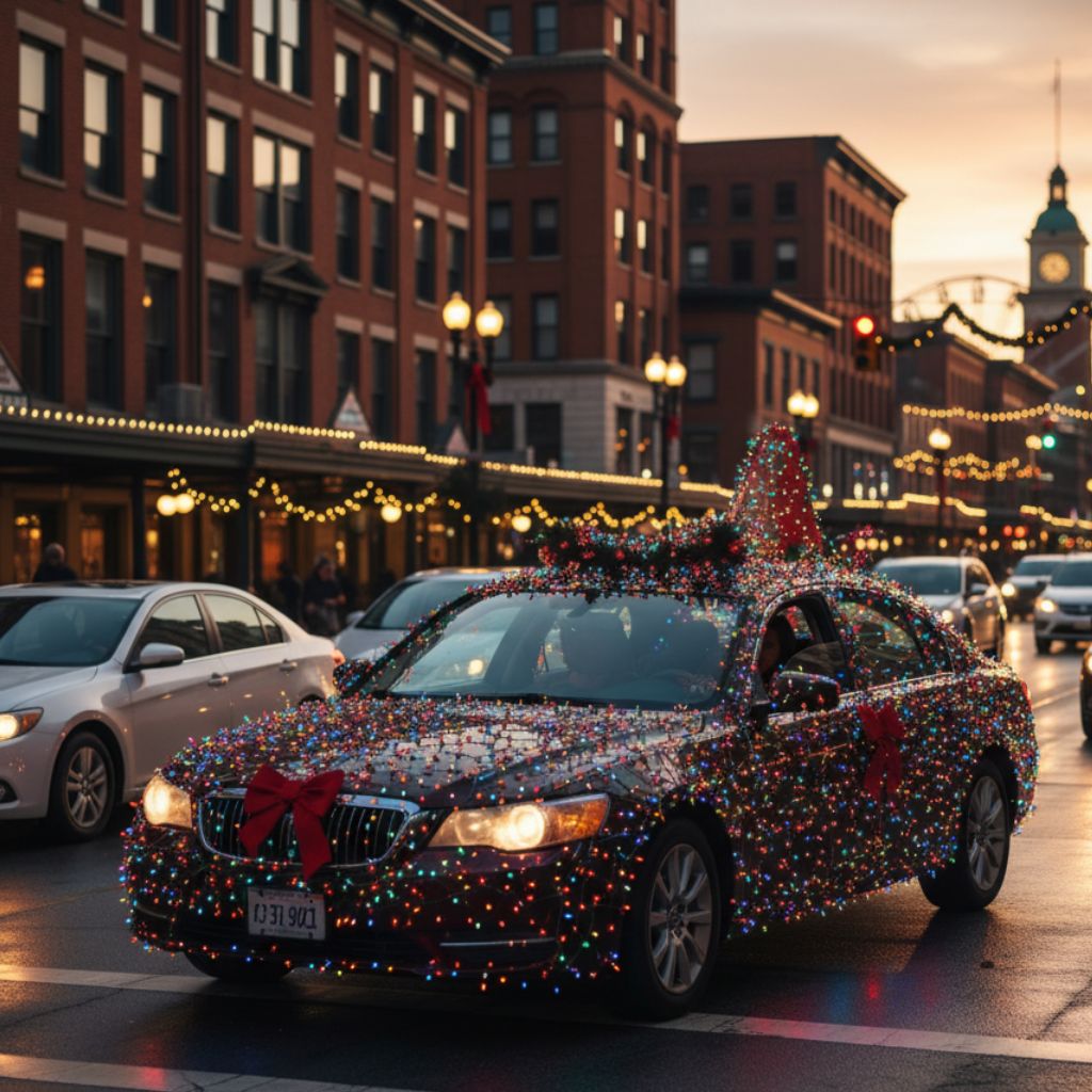 Heavily decorated sedan covered in multicolored Christmas lights parked on festive holiday street with brick buildings.