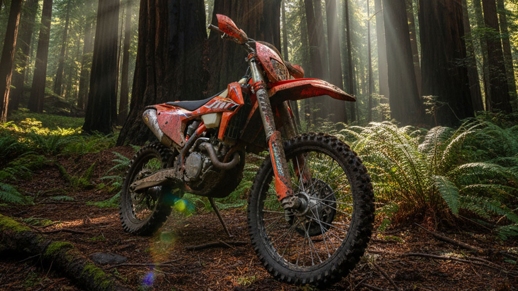 Red dirt bike parked on forest trail among tall trees, demonstrating off-road motorcycle in natural outdoor setting.