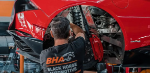 Mechanic in black shirt working on red car engine repair in professional auto shop bay