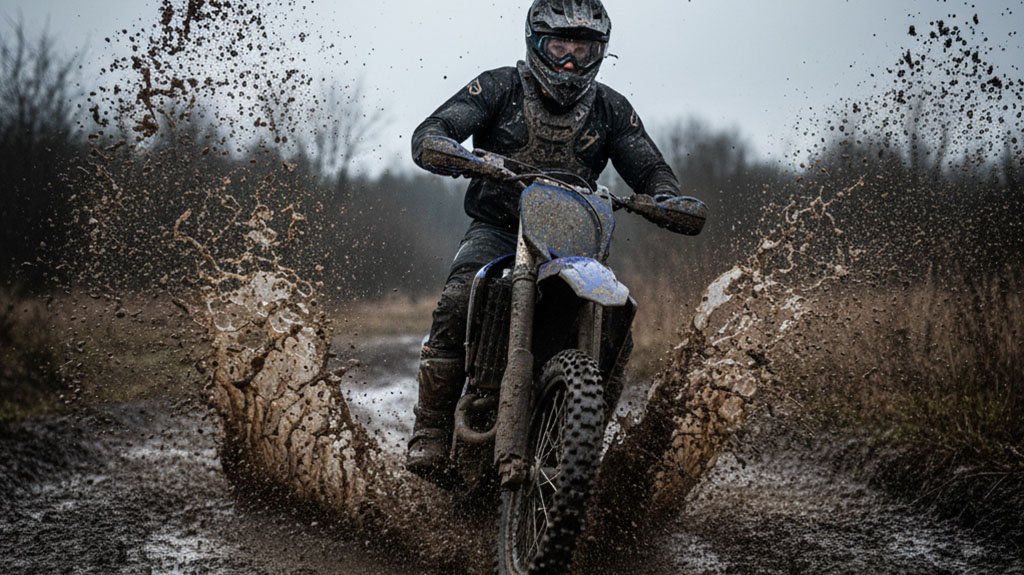 Dirt bike rider splashing through muddy trail in Colorado countryside, demonstrating off-road riding terrain and conditions.