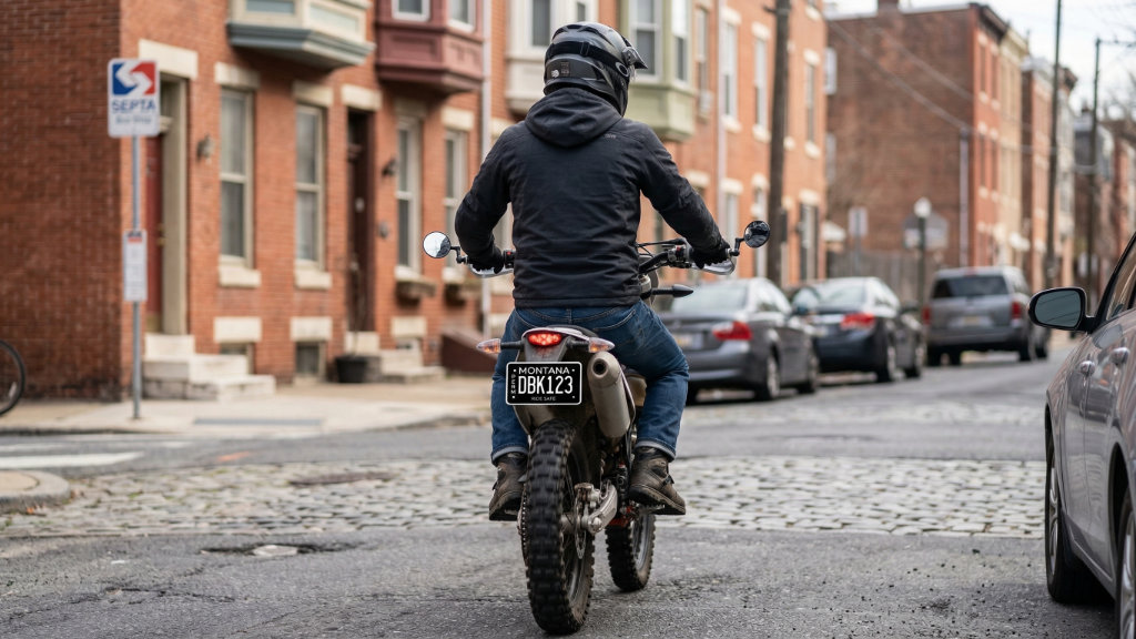 Rider on street-legal dirt bike with registration plate navigating urban street between parked cars and brick buildings.