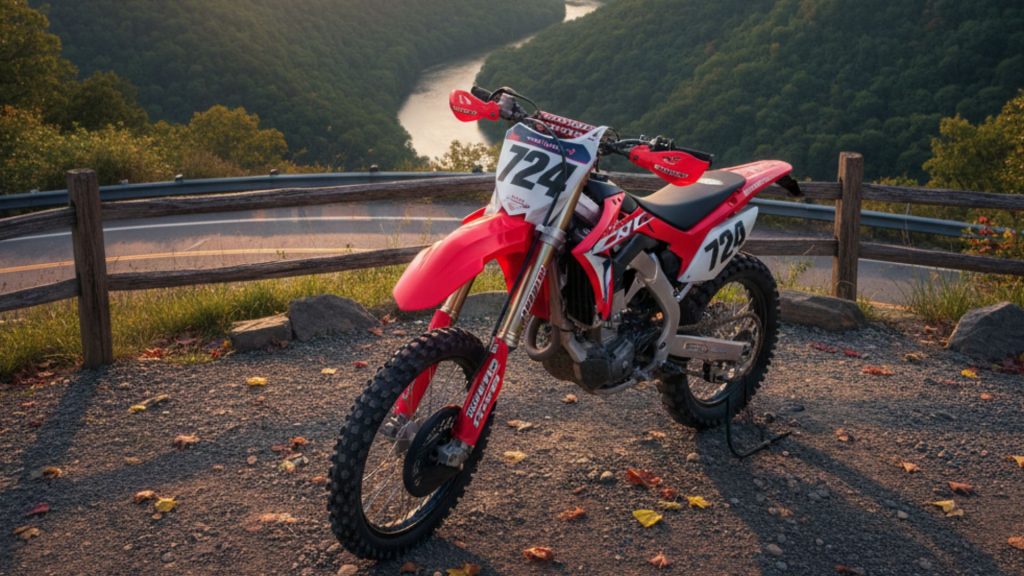 Red and white dirt bike with number plate parked at scenic West Virginia overlook with river valley below