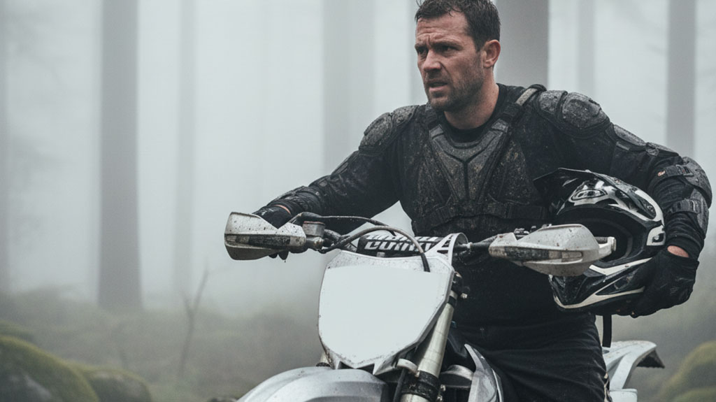 Rider on dirt bike wearing protective gear and helmet in foggy forest setting, demonstrating street legal safety requirements