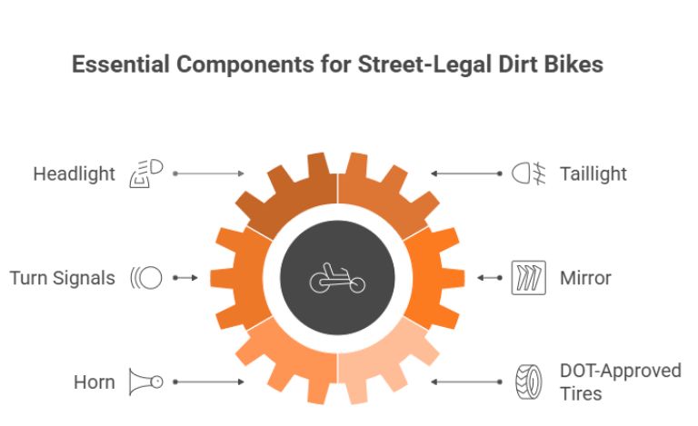 Essential components for street-legal dirt bikes including lights, mirrors, horn, and DOT-approved tires for road readiness.