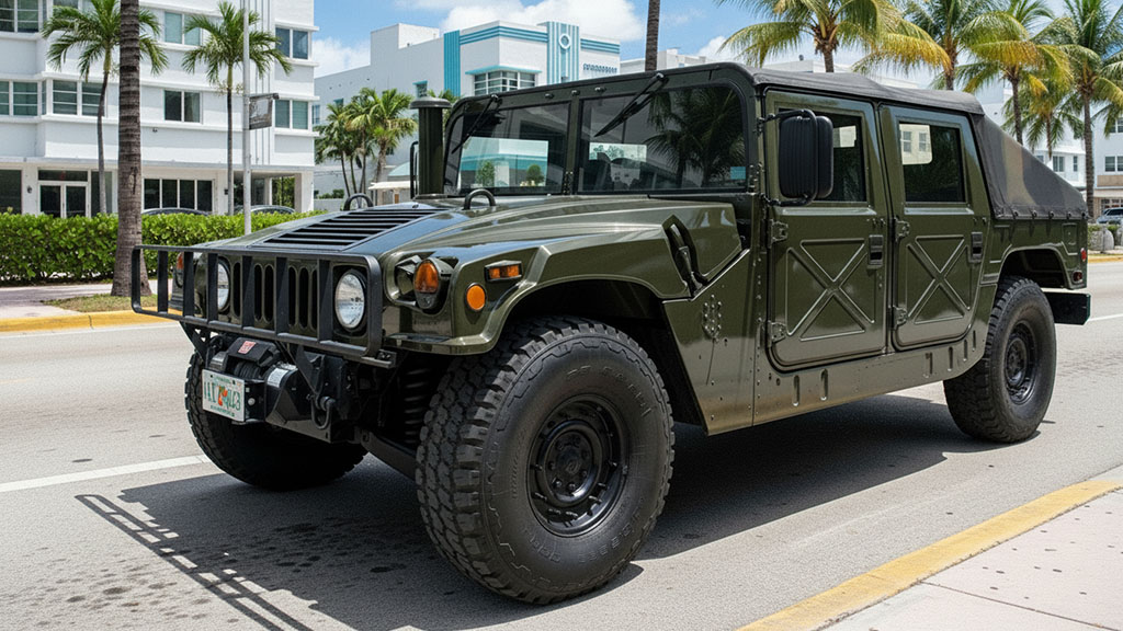 Olive green military Humvee parked on street with open doors, showcasing government surplus vehicle features and design.