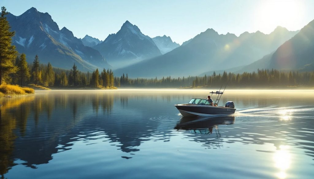 A white recreational boat floating on calm ocean waters during a colorful sunrise, with soft clouds reflecting on the water and the sun low on the horizon.