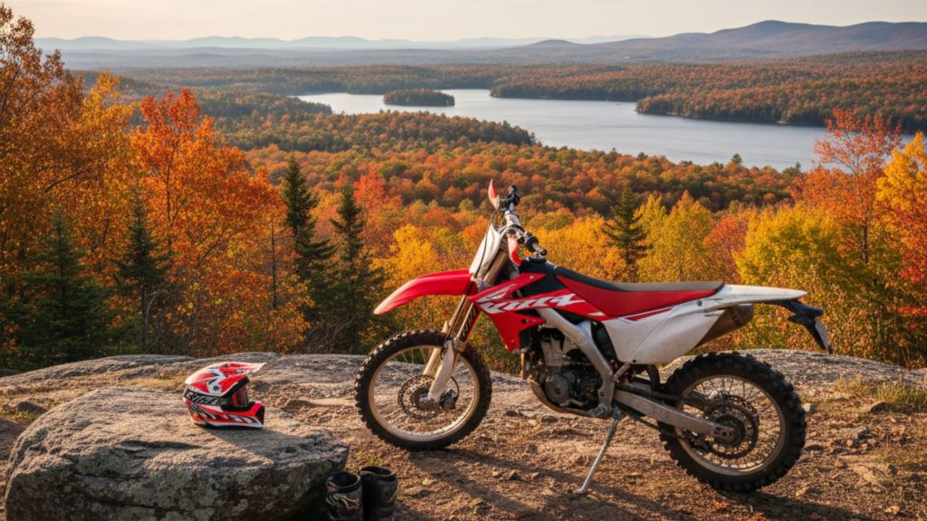 Red and white dirt bike on rocky overlook with autumn forest and lake, New York outdoor trail riding