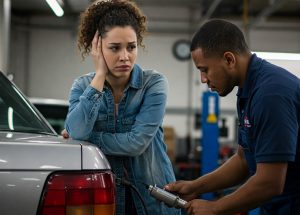 A concerned woman stands beside her car in a repair shop while a mechanic examines a part near the rear of the vehicle.