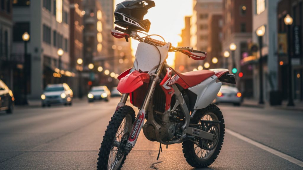 Red and white dirt bike with helmet on urban street, representing Tennessee dirt bike regulations and road-ready conversion