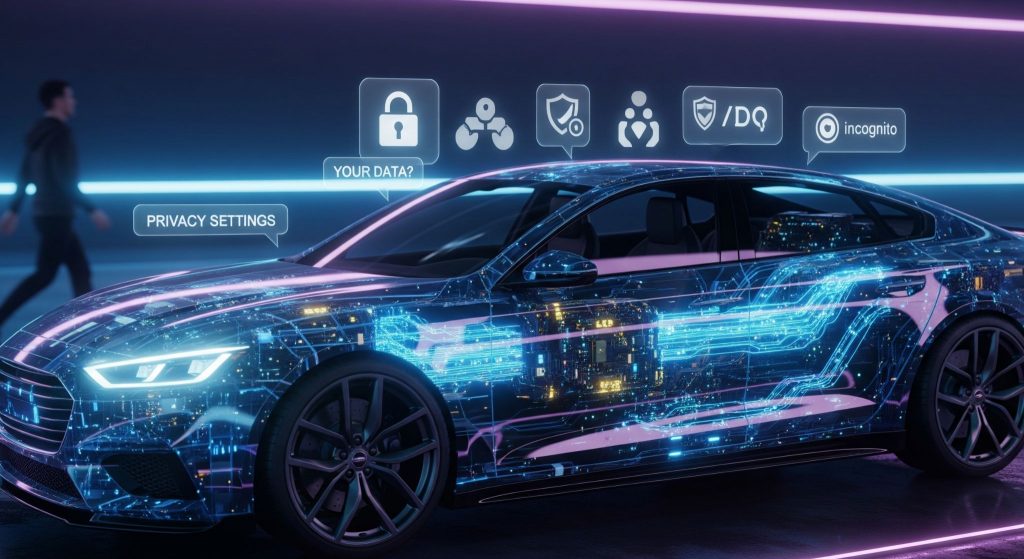 Digital car visualization showing connected vehicle with privacy security icons, AI