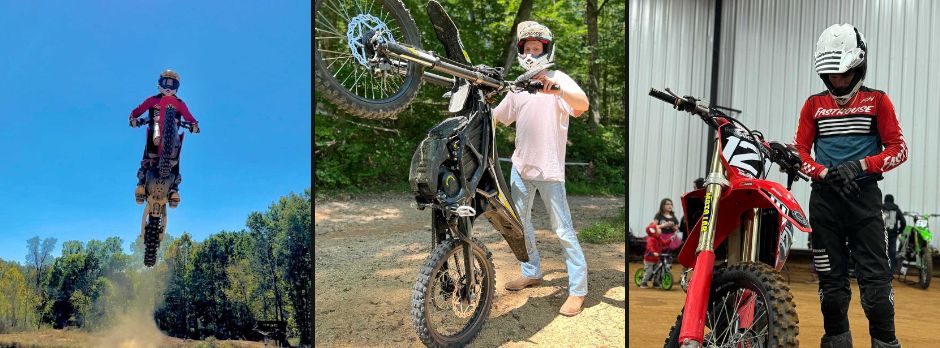 Caleb performing dirt bike stunts and tricks across three action-packed riding scenes