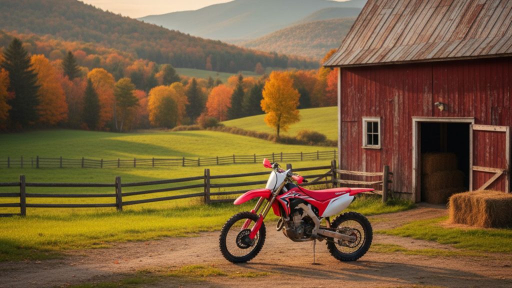 Red dirt bike parked at Vermont farm barn with fall foliage mountains