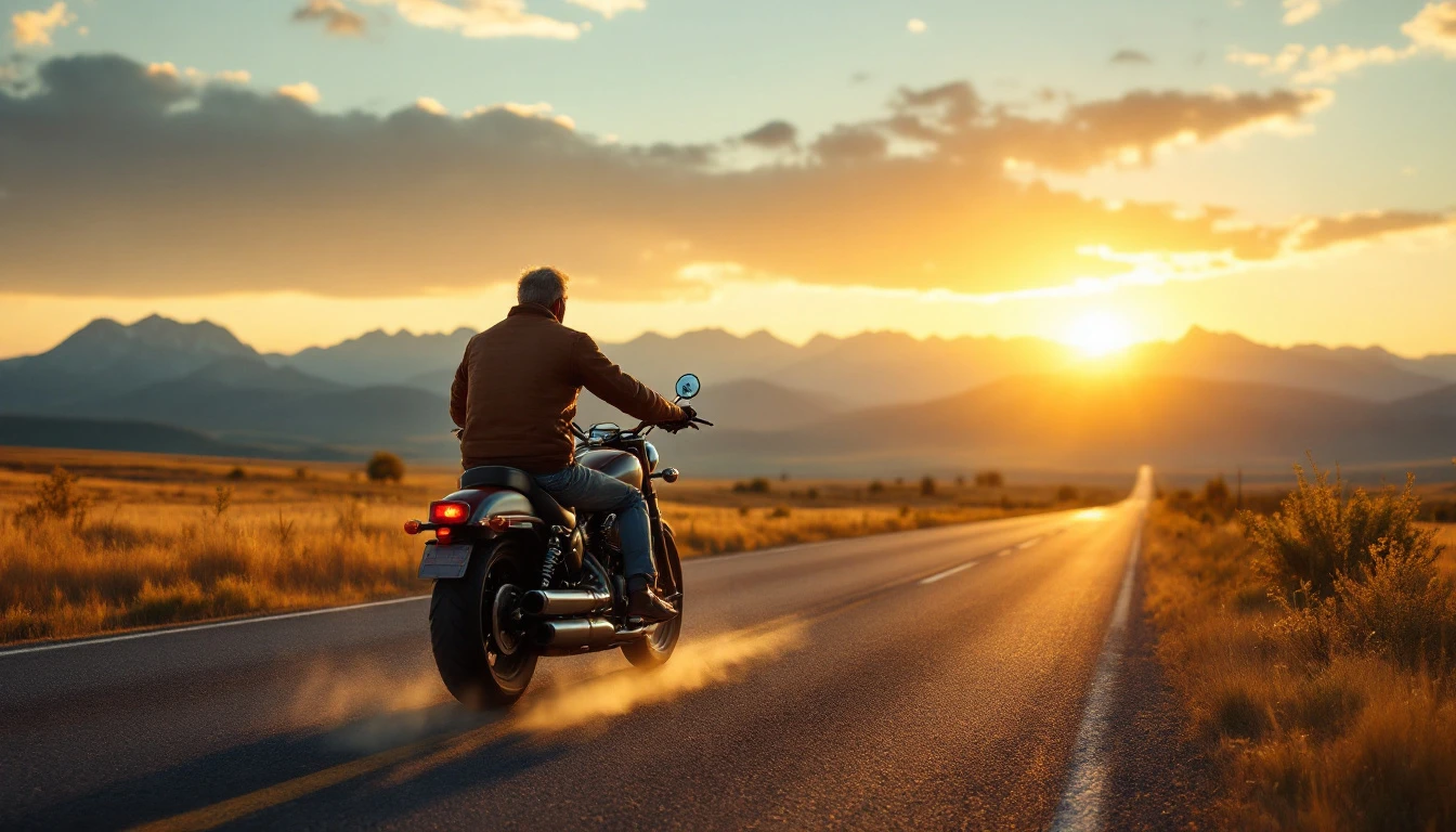 Man riding classic motorcycle on scenic Montana highway towards mountains at sunset