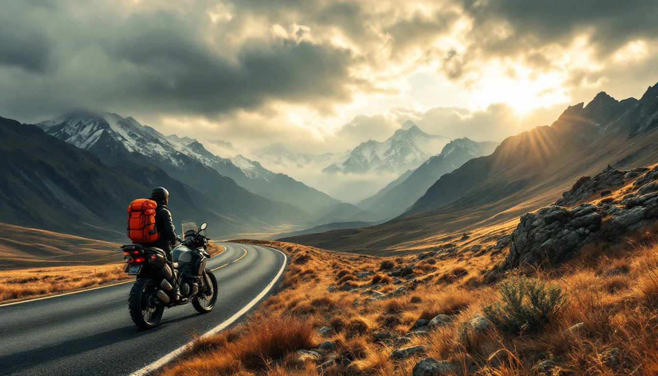 A lone motorcyclist with an orange backpack stands on a mountain road beside a packed adventure bike, gazing at dramatic storm clouds over snow-capped peaks.