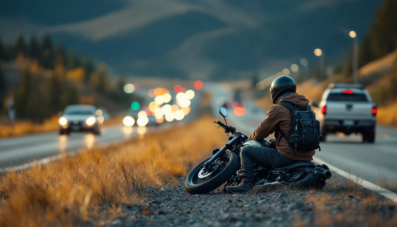 A motorcyclist sits next to his overturned bike on the shoulder of a busy highway, surrounded by the blur of passing traffic after an accident.