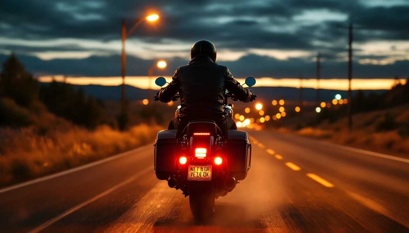 Rear view of a motorcyclist in a black leather jacket riding a touring bike with glowing red tail lights and a New York license plate on a city street at night.