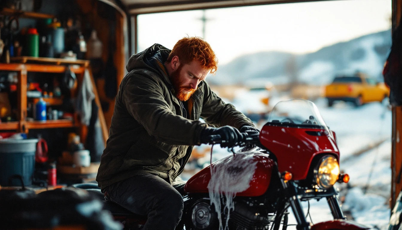 A redhead man in a garage is seen carefully washing or waxing his motorcycle, preparing it for winter storage so it remains clean and protected until the spring riding season returns.