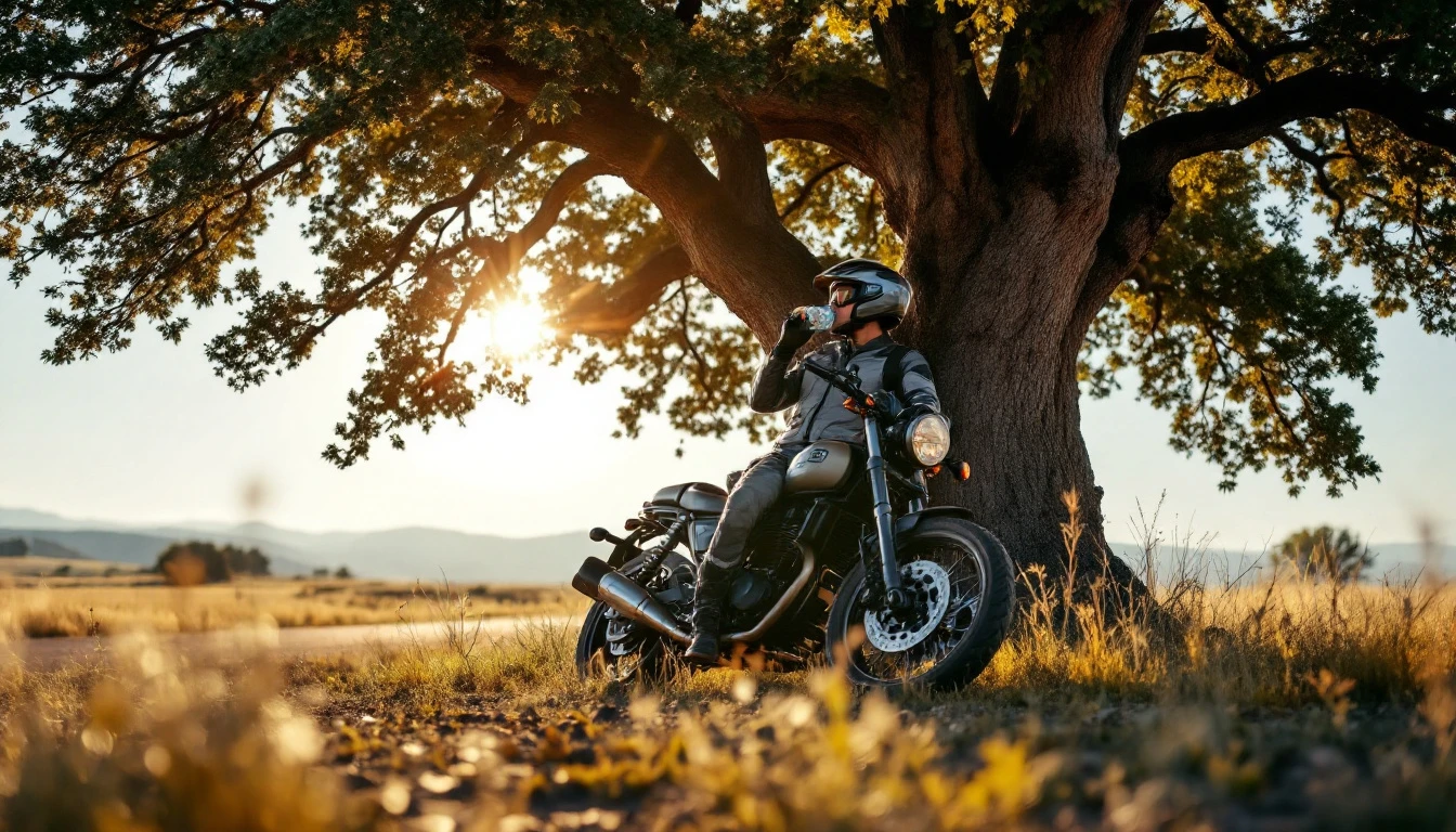 A motorcyclist wearing full riding gear and a helmet takes a break under a large tree, drinking water while leaning against their parked motorcycle on a sunny rural roadside.