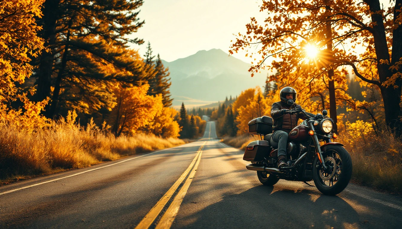 A black motorcycle with a helmet on the seat is parked on a winding rural road surrounded by trees and power poles.