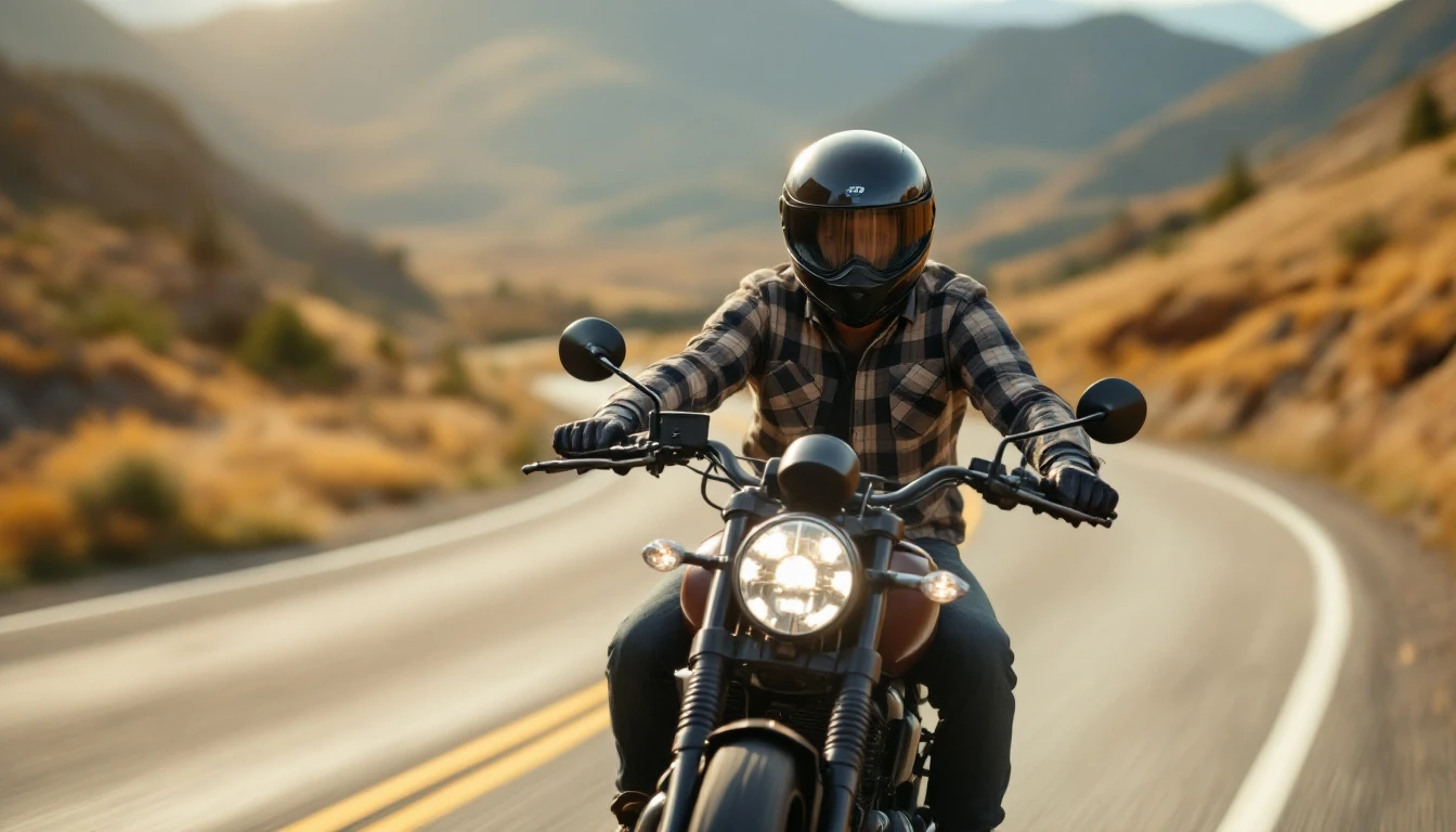 A motorcyclist in a plaid shirt and full-face helmet rides a sportbike along a winding mountain road.