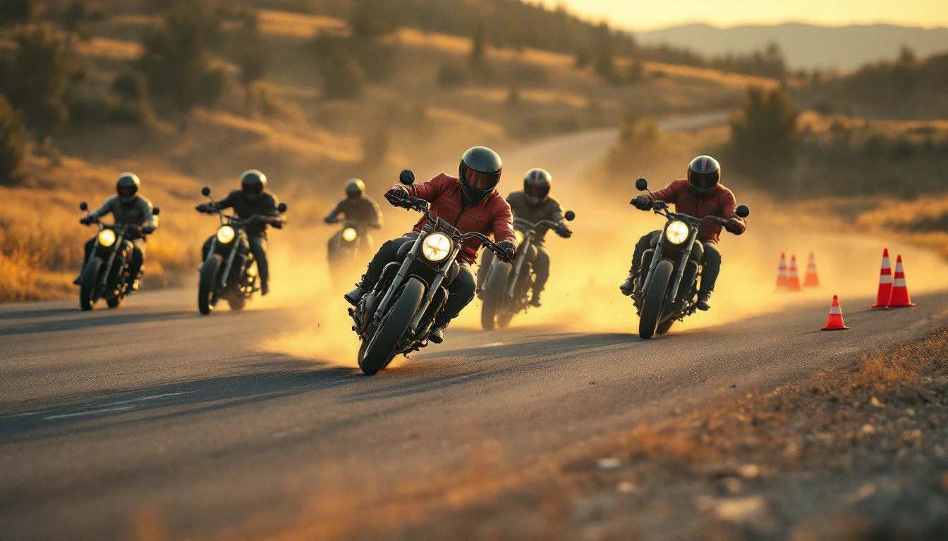 A group of motorcyclists is practicing various riding skills, including cornering, wheelies, and stops, on a closed asphalt course marked with cones.