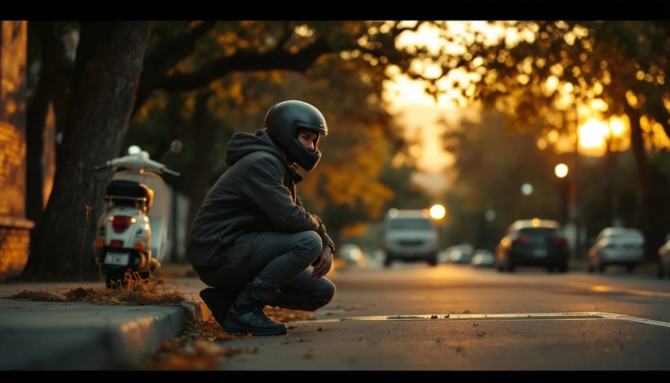 A rider wearing a helmet crouches beside a vintage scooter under warm street lighting, surrounded by trees and a quiet urban setting.