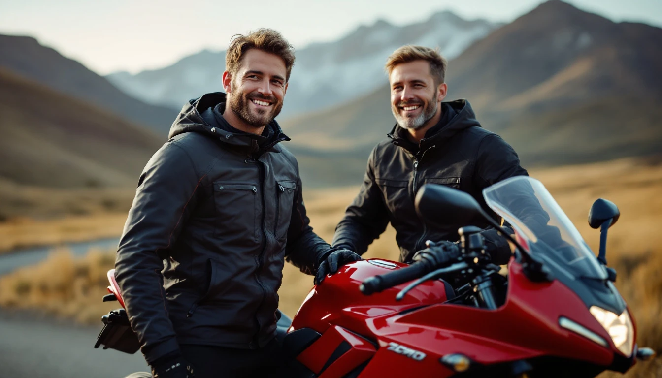 A smiling couple dressed in motorcycle gear stands beside a red and black sport bike, ready for a ride.