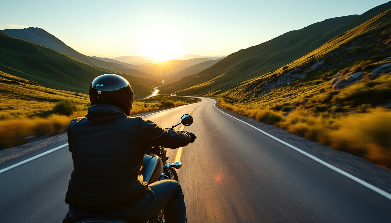 Motorcycle rider from behind on a winding mountain road at sunset with green hills
