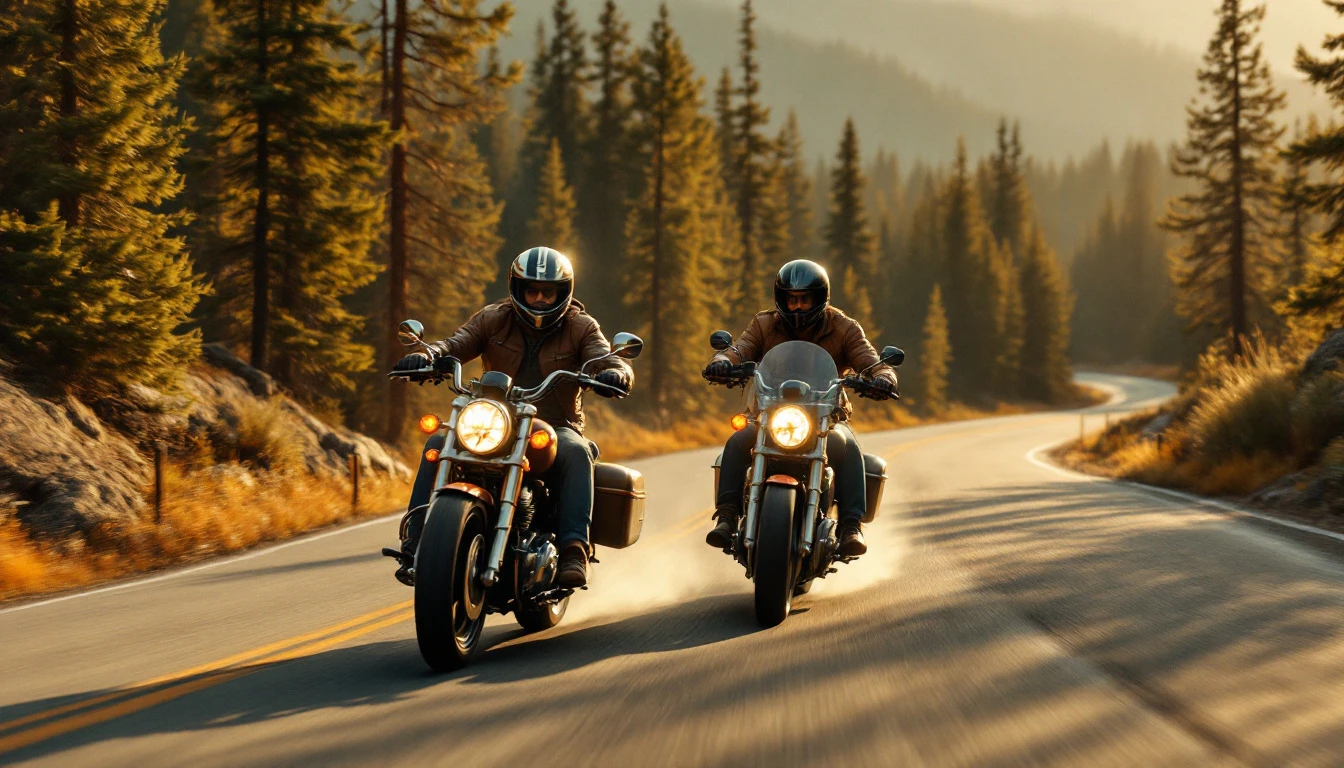 Two motorcyclists ride side-by-side on a winding forest road.