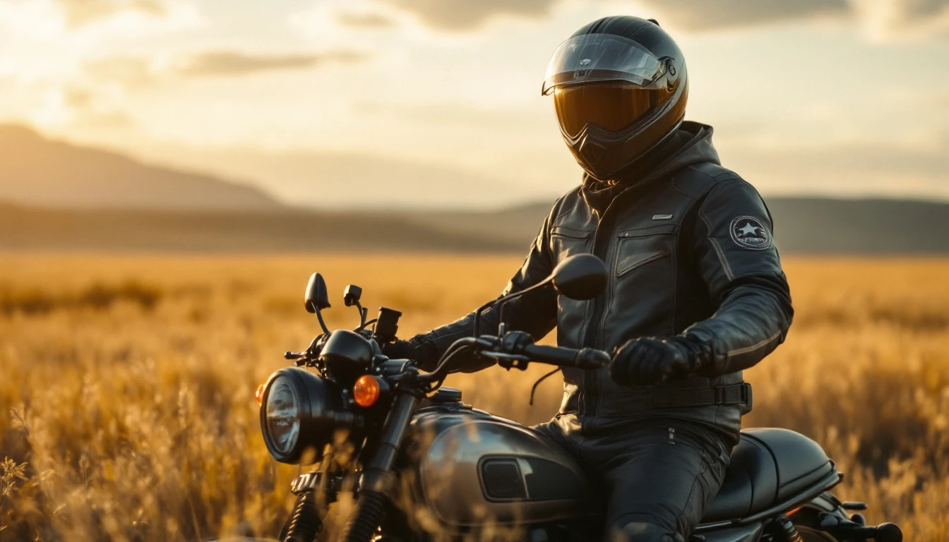 A fully geared motorcyclist stands confidently beside a classic bike in a golden field, embodying the freedom and responsibility of safe riding.