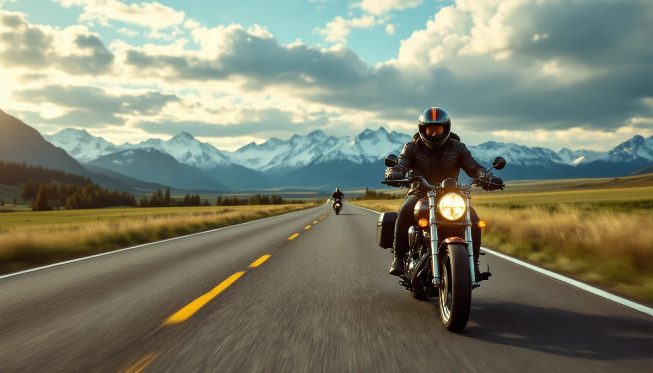 A motorcyclist rides along a scenic, open highway flanked by green fields and snow-capped mountains under a partly cloudy sky, with another rider visible ahead in the distance.