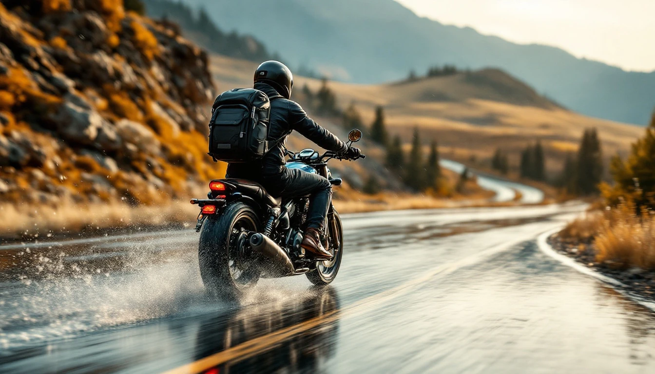 A motorcyclist rides a blue cruiser on a wet road, fully geared in a black waterproof jacket, helmet, gloves, and backpack—demonstrating the importance of wearing rain-ready riding gear to stay comfortable and dry when the rain returns.