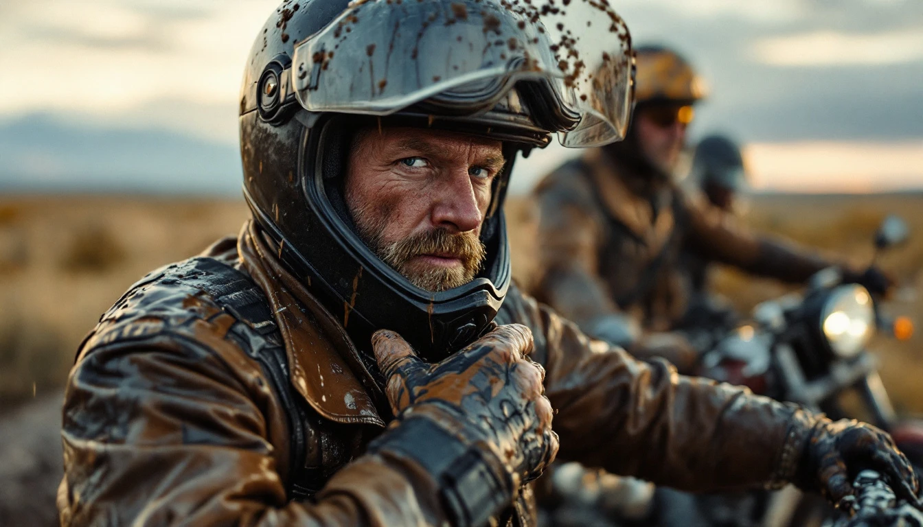 A motorcyclist wearing a Harley-Davidson-branded helmet and goggles is covered in mud, adjusting their gear after an intense off-road ride in wet conditions.