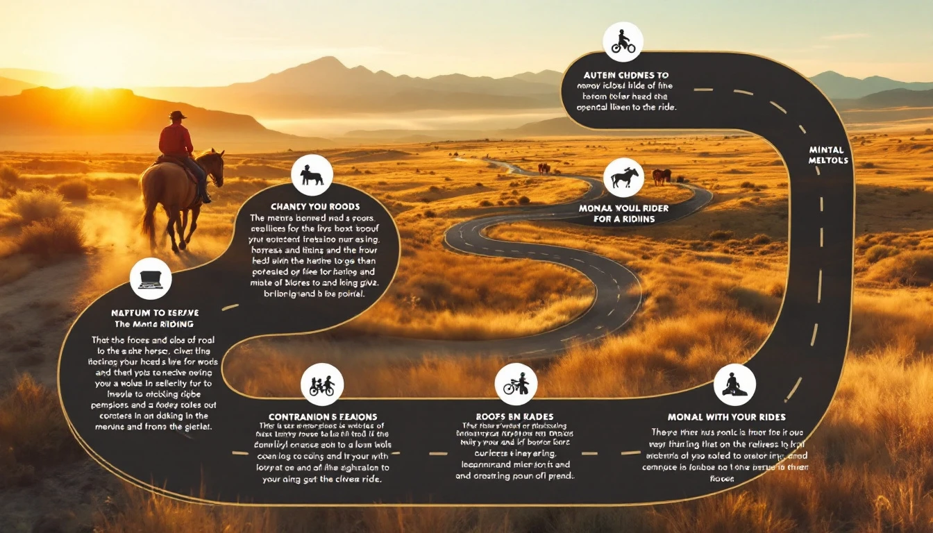 The image is a stylized diagram illustrating six methods for improving mental riding skills, shown as text descriptions and corresponding icons on a series of winding road graphics.