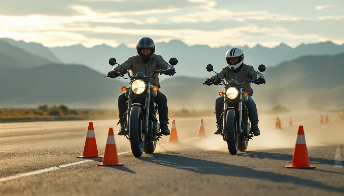 Two motorcyclists practice navigating through traffic cones in an empty parking lot—an essential exercise for building control, awareness, and confidence in motorcycle safety training.