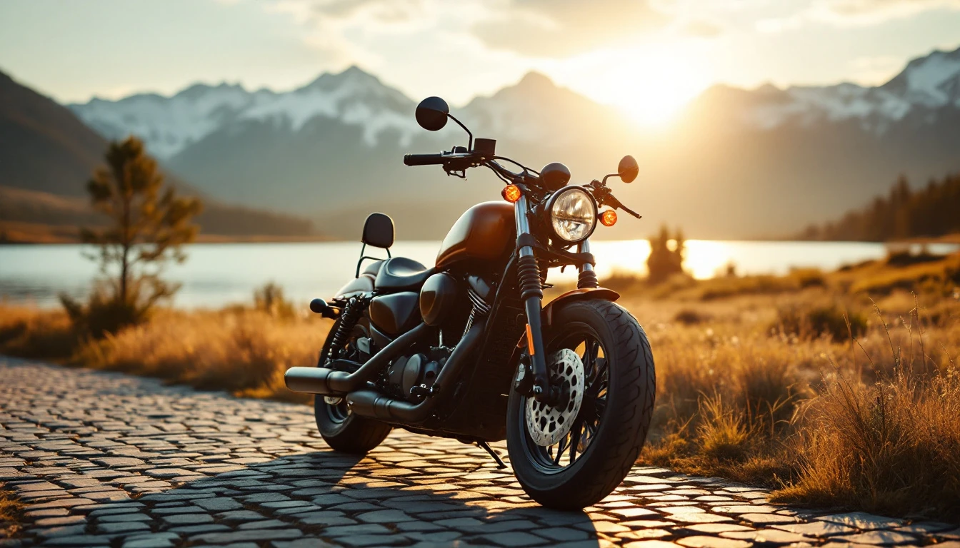 A sleek cruiser motorcycle is parked on a cobblestone path near a scenic lakeside, perfect for Montana motorcycle rides.