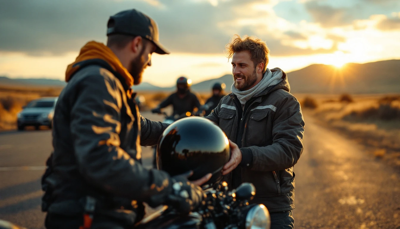 A motorcycle instructor hands a helmet to a rider during a training session in a controlled parking lot environment.