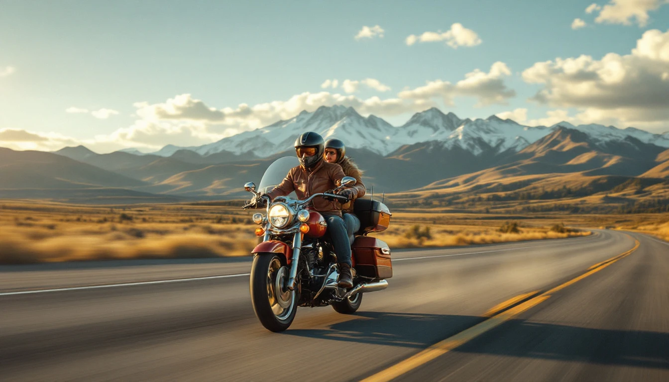 A motorcycle rider and passenger on a touring bike cruising a sunny montana highway, both in full gear, with mountains in the background.