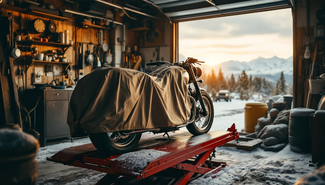 A classic motorcycle covered with a protective sheet rests on a red hydraulic lift inside a workshop or garage during the winter, preventing the tires from touching the cold floor.