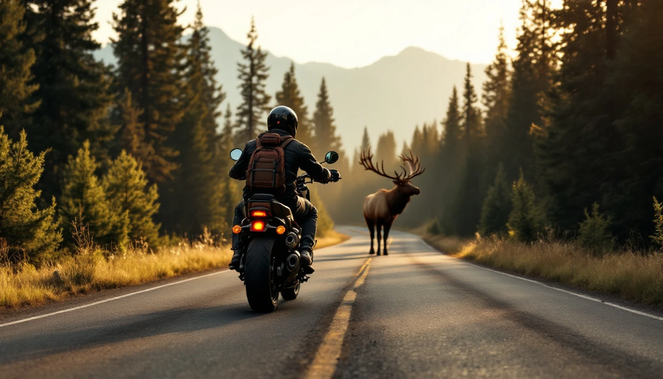 A motorcycle is seen safely stopped on a winding forest road a significant distance before a large elk standing in the center of the pavement.