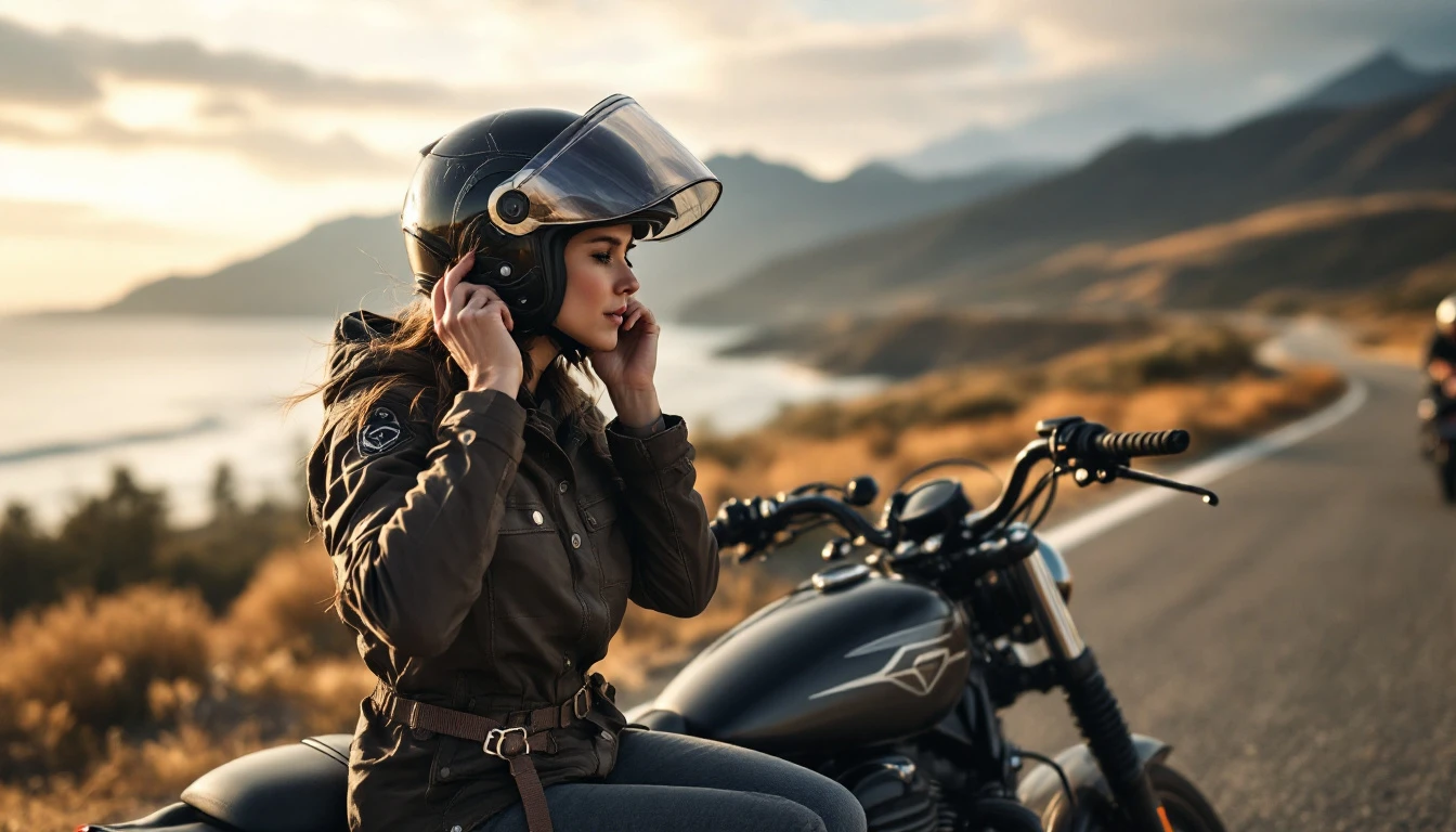 Woman in motorcycle gear adjusting helmet next to black cruiser motorcycle by scenic ocean road