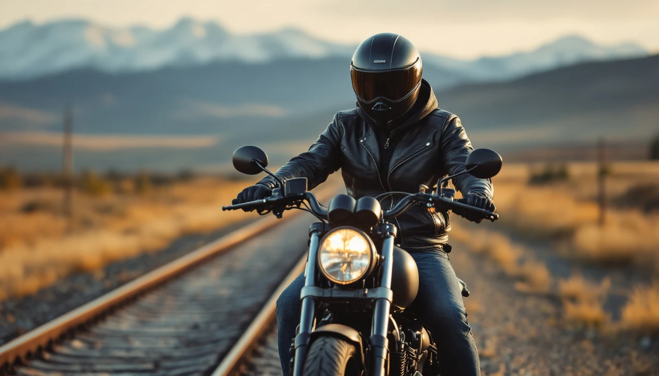 A motorcyclist wearing a black leather jacket, jeans, and a full-face helmet sits astride a sport-style bike near railroad tracks—ready for the ride and geared up for motorcycle safety in unpredictable environments.