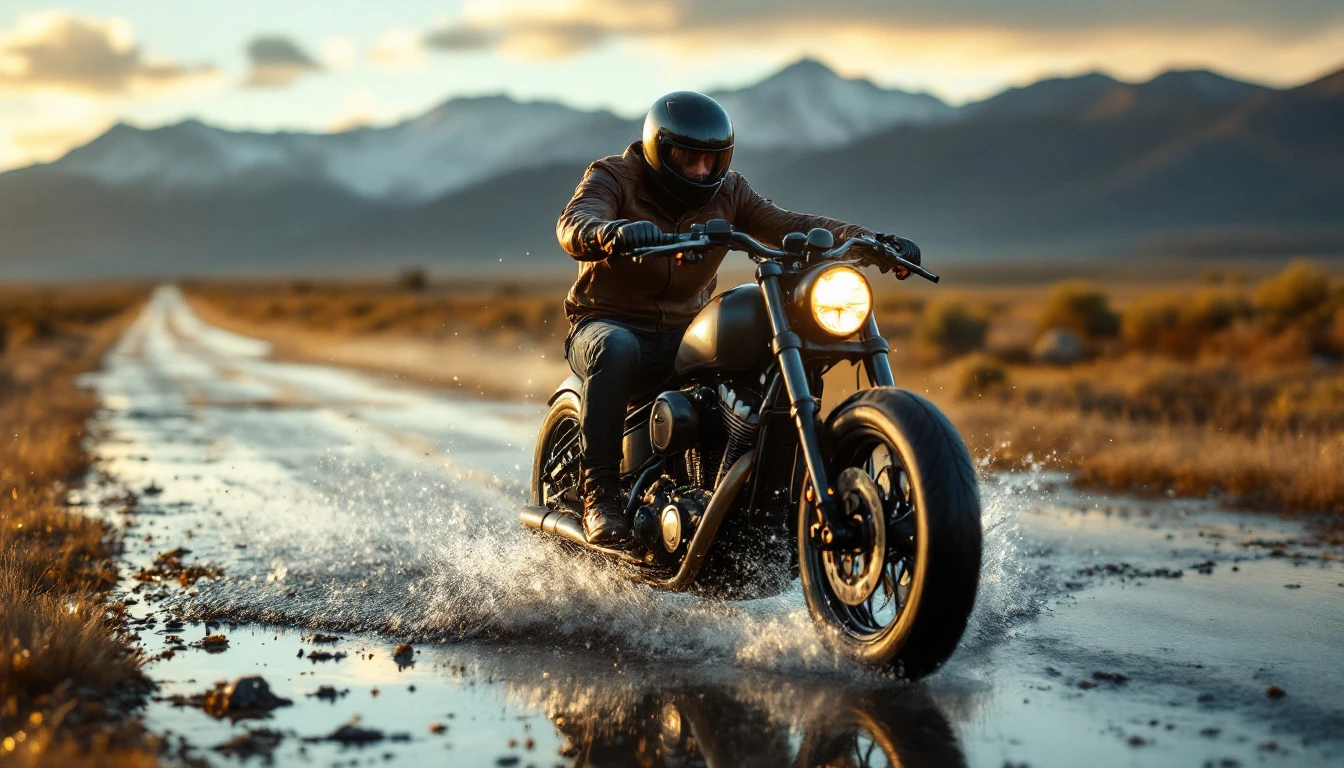 Motorcycle rider on a custom bobber riding through puddles on a wet country road with mountains in background