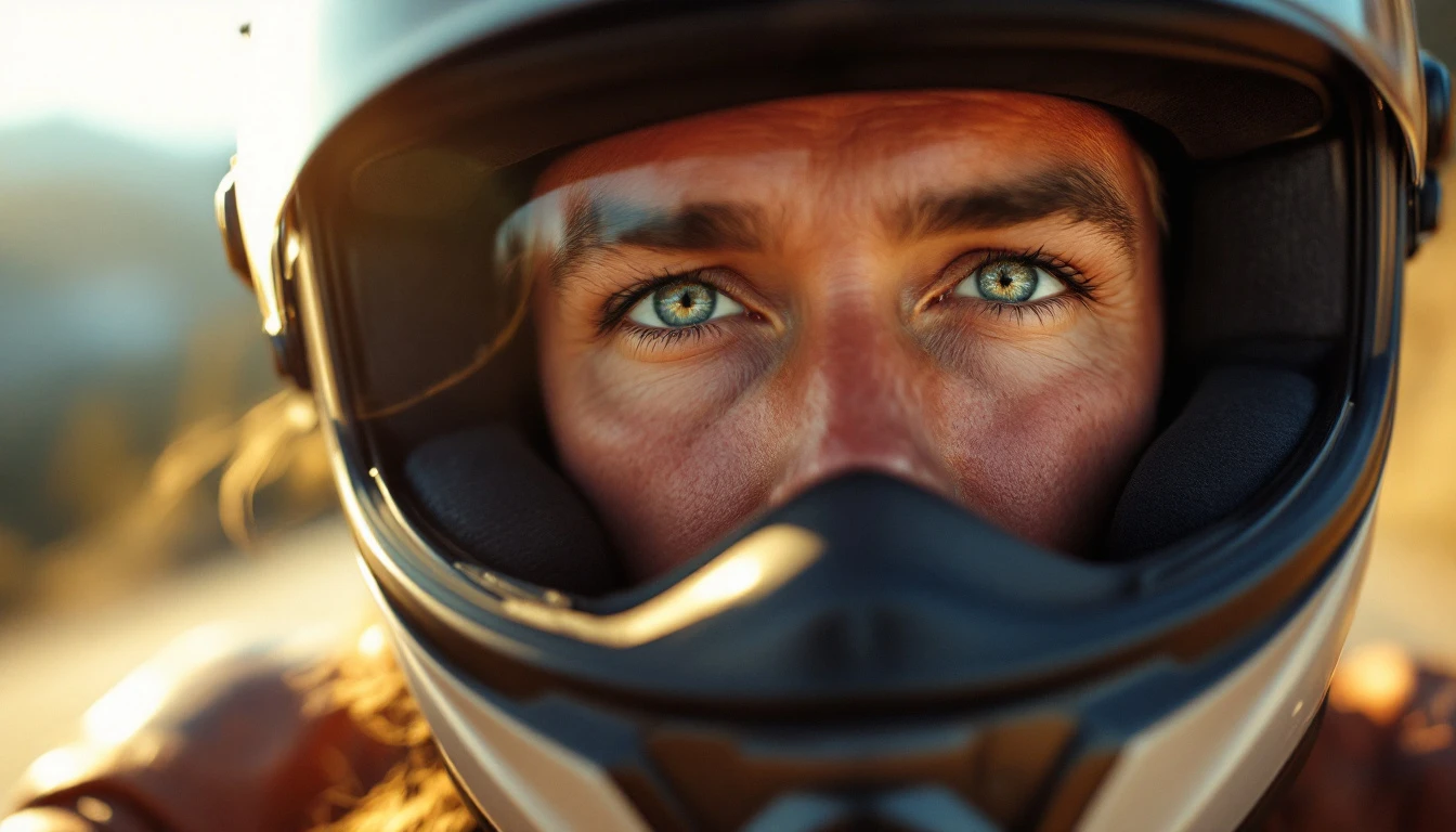 Close-up of a focused motorcycle rider's eyes behind a helmet visor, looking ahead on a mountain road
