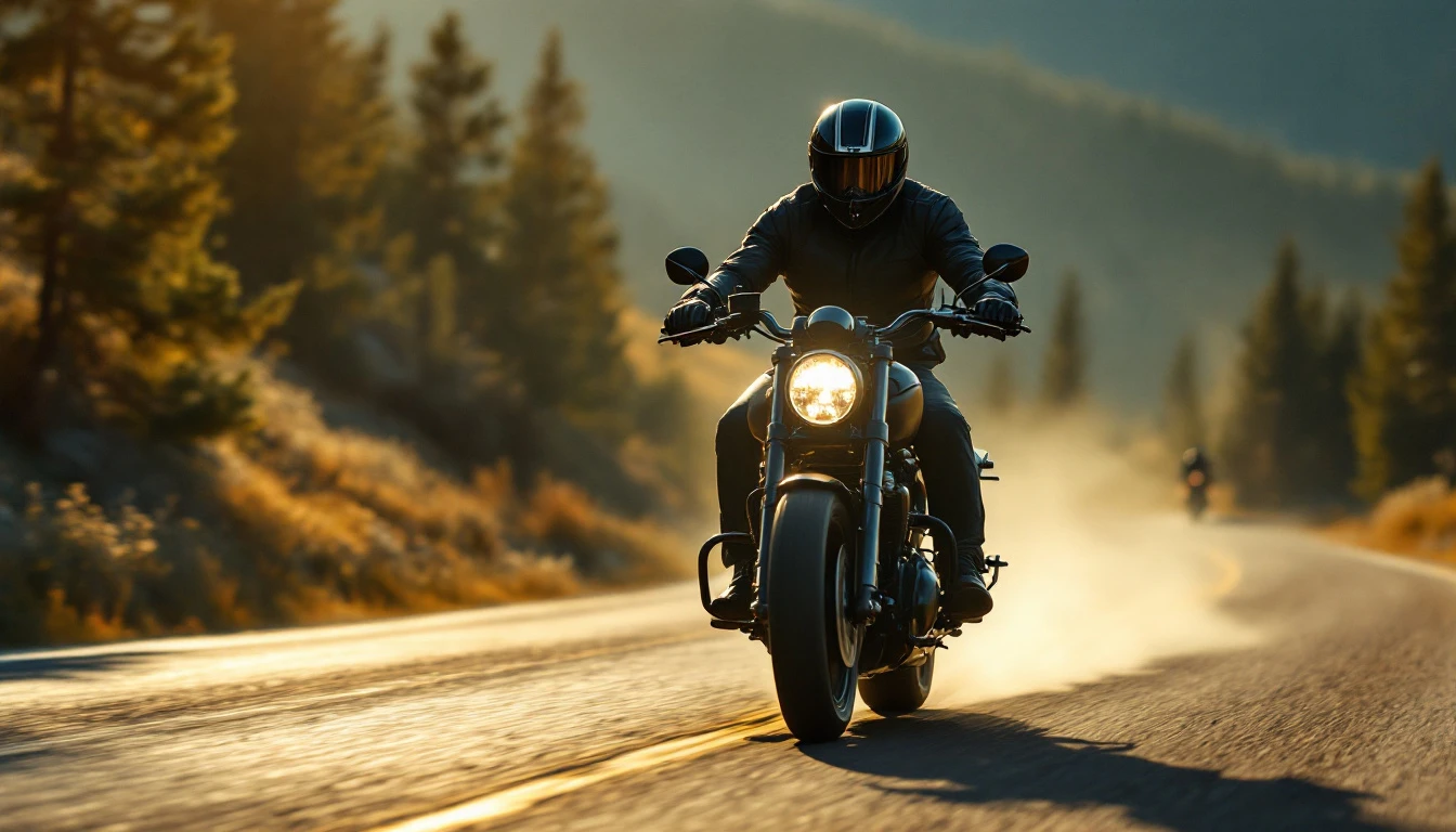 A motorcyclist rides through a shaded road with headlights on, fully equipped in dark protective gear—highlighting the importance of motorcycle safety even in low-light conditions.