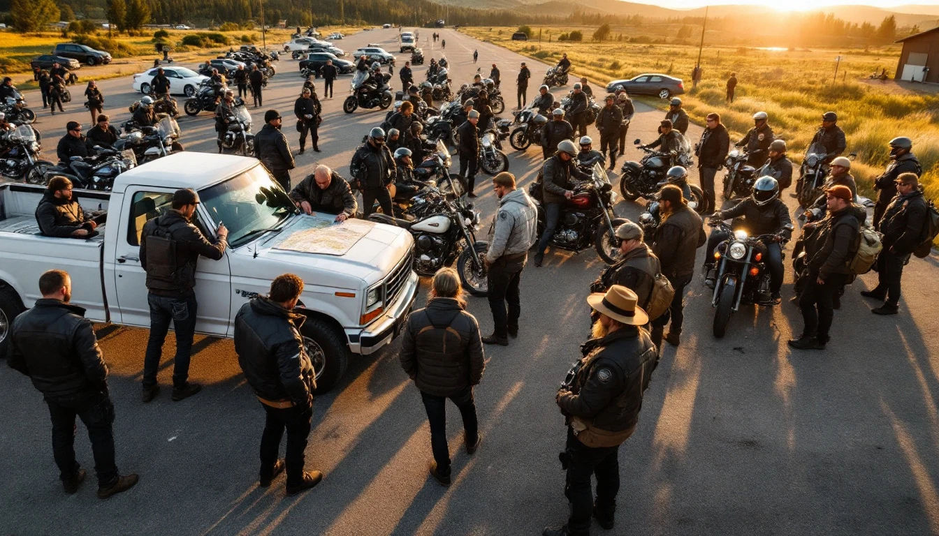 A large group of motorcyclists is gathered in a parking lot, some looking at a map on the hood of a white truck while others stand and chat.