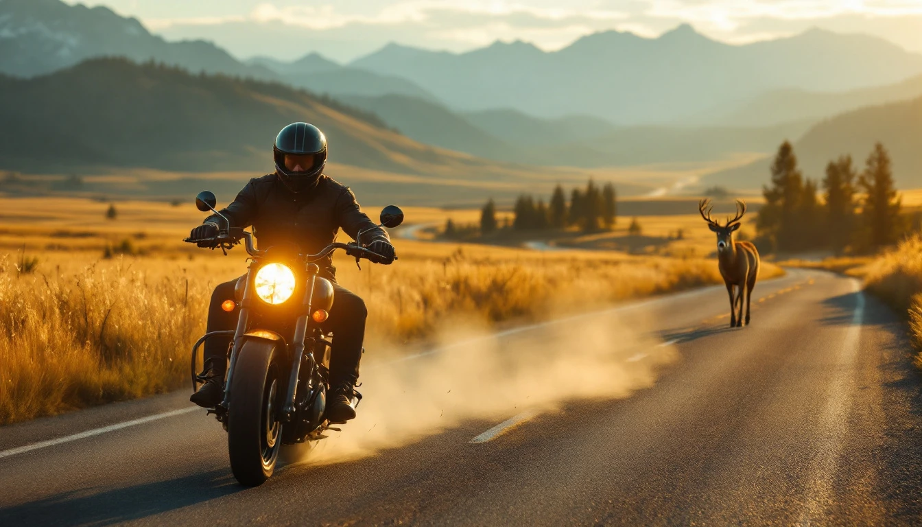 motorcycle with rider on a Montana highway with a deer visible in the background